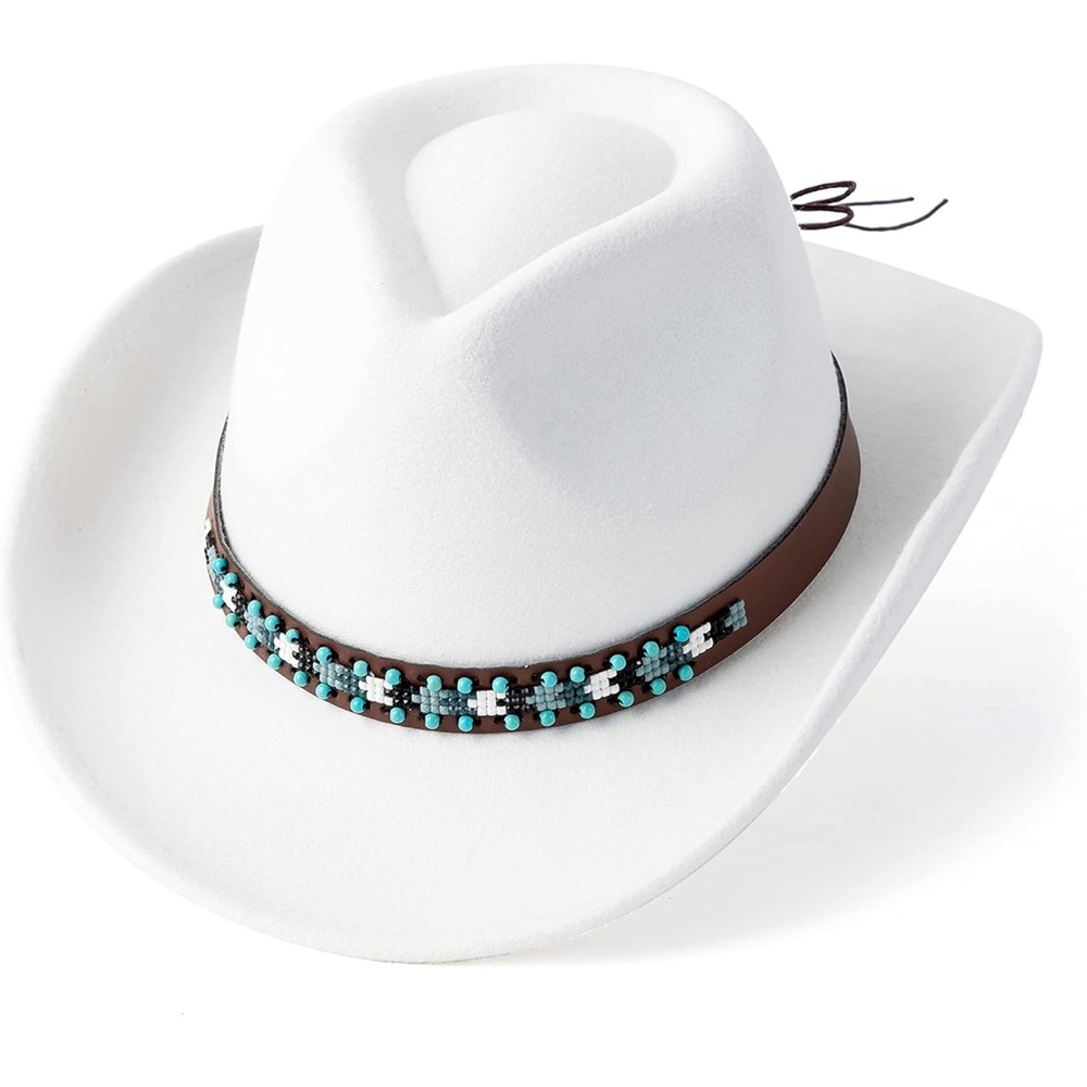 White Cowboy & Cowgirl Hat – Wide Brim, Turquoise Beads, Retro Western Look